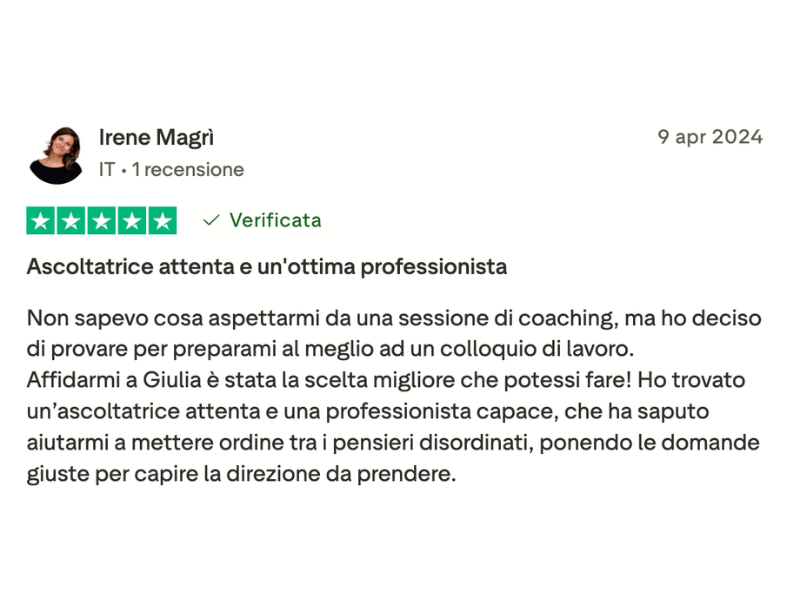 Recensione Trustpilot di Irene Magrì — Ascoltatrice attenta e un'ottima professionista