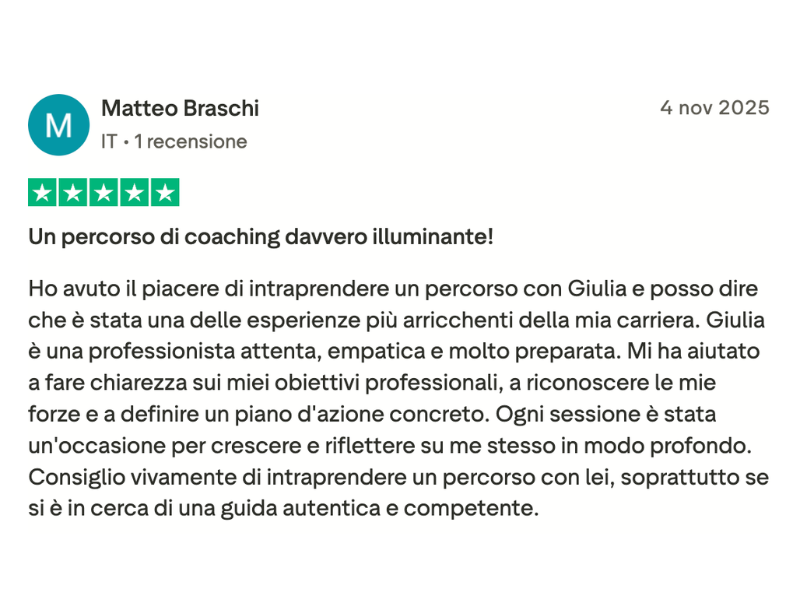 Recensione Trustpilot di Matteo Braschi — Un percorso di coaching davvero illuminante