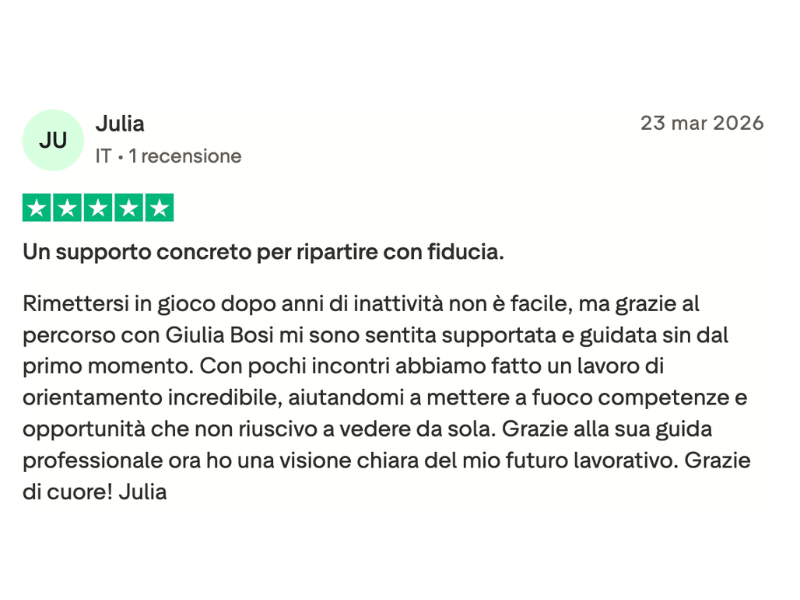 Recensione Trustpilot di Julia — Un supporto concreto per ripartire con fiducia